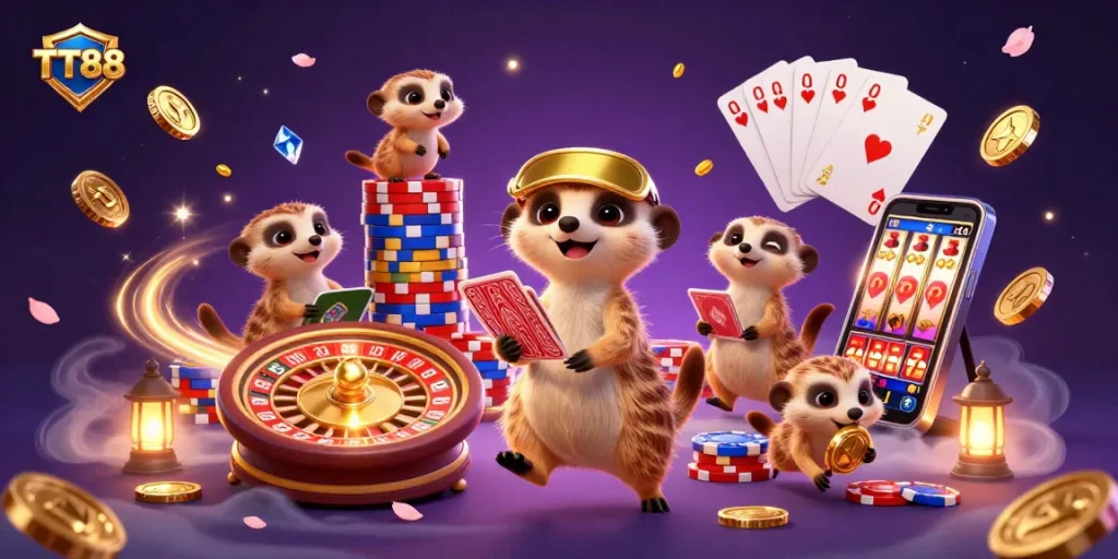 Engage with exciting TT88 gaming at a bustling casino run by whimsical meerkats, showcasing dynamic chip play.
