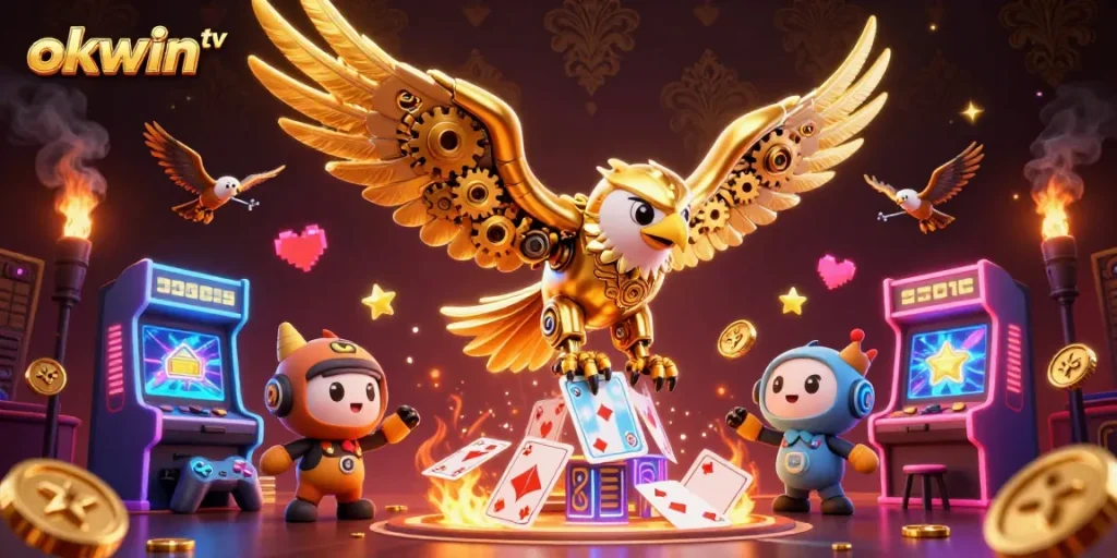 Engage with okwin tv as the golden eagle dives through vibrant holographic playing cards in a casino-themed scene.