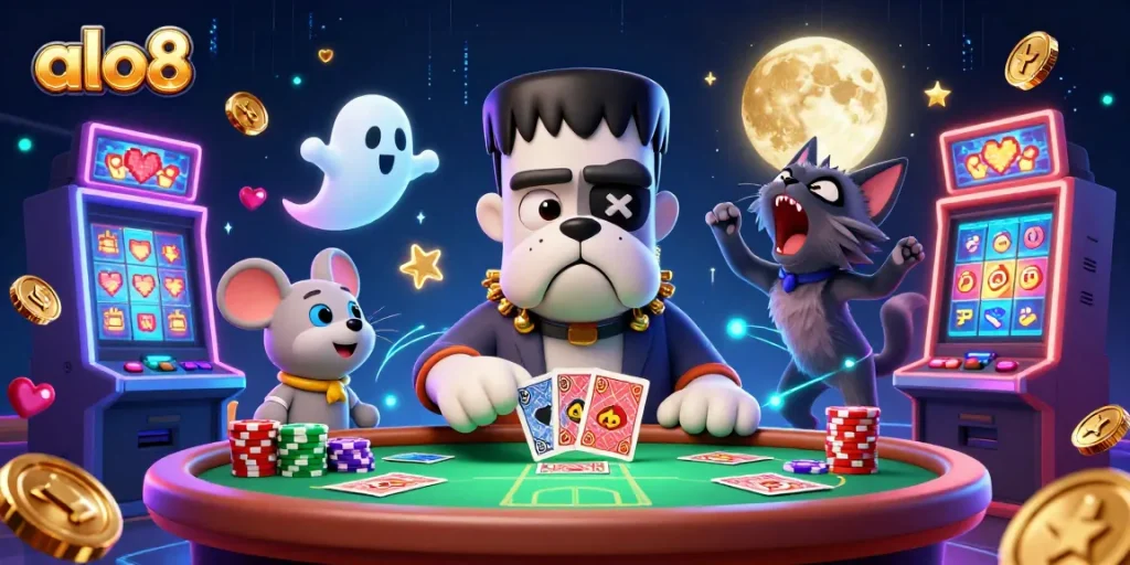 Experience the thrill of alo8 casino with a lively 3D monster dealing cards amidst vibrant slot machines.