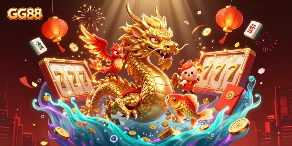 Engage with GG88's thrilling gaming scene featuring dragons, koi fish, and slot spins