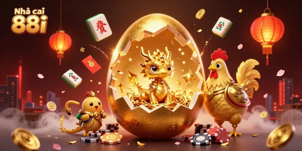 Experience Nhà cái 88i's thrilling gaming atmosphere with a golden dragon and poker chips