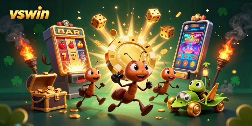 Engage in thrilling vswin gameplay with animated ants heisting a giant poker chip.