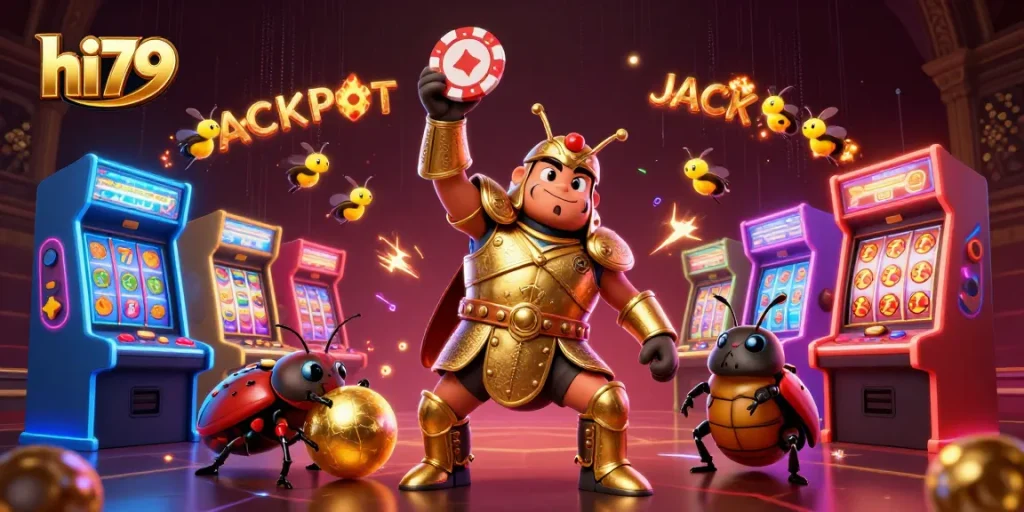 hi79 showcases a victorious beetle in golden armor lifting a poker chip among dazzling casino elements.