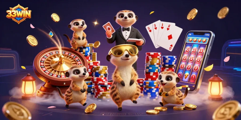 Experience the thrilling excitement at 33WIN casino with lively meerkats gaming in a vibrant, dynamic scene.