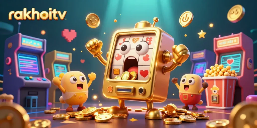 Join the excitement at rakhoitv as a golden slot machine hits the jackpot amidst cheering companions.