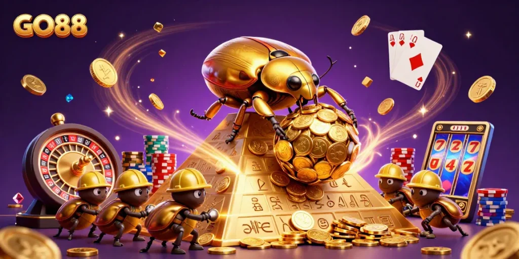 Experience GO88's vibrant casino world filled with golden coins and thrilling games.