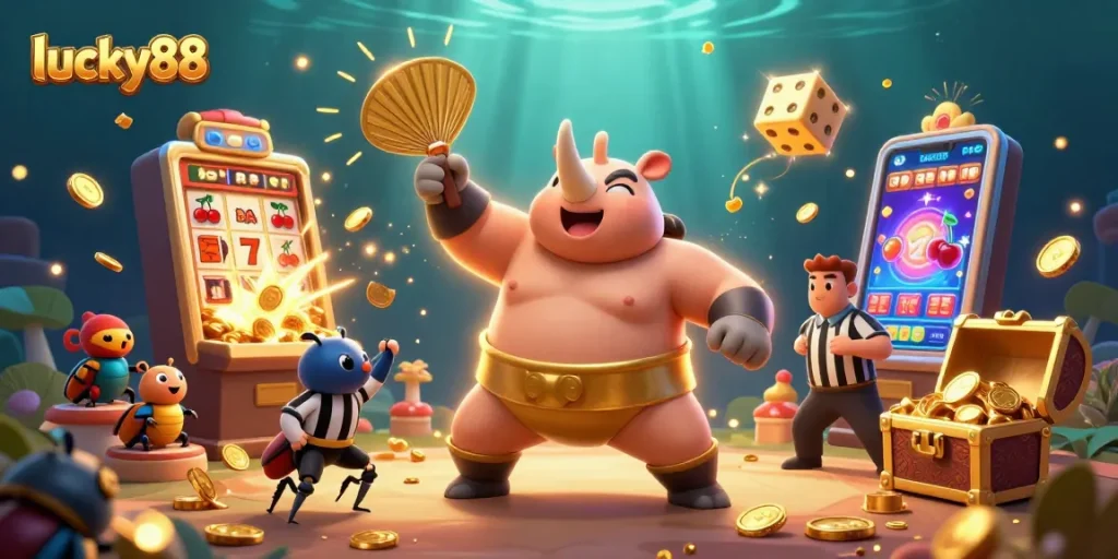 Experience the excitement with lucky88 as the sumo champion beetle creates a jackpot scene bursting with coins!