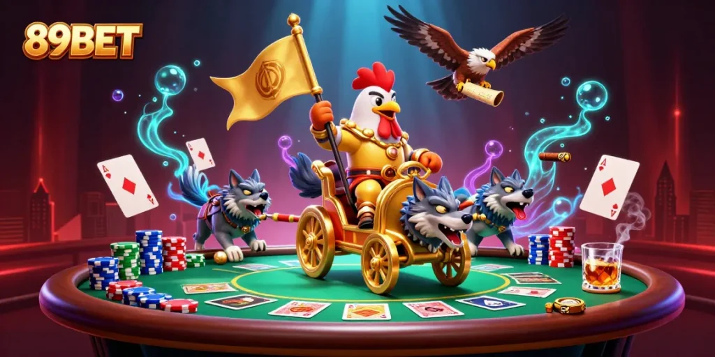 89BET rooster warlord in a golden chariot amid a vibrant casino battle scene filled with poker elements.
