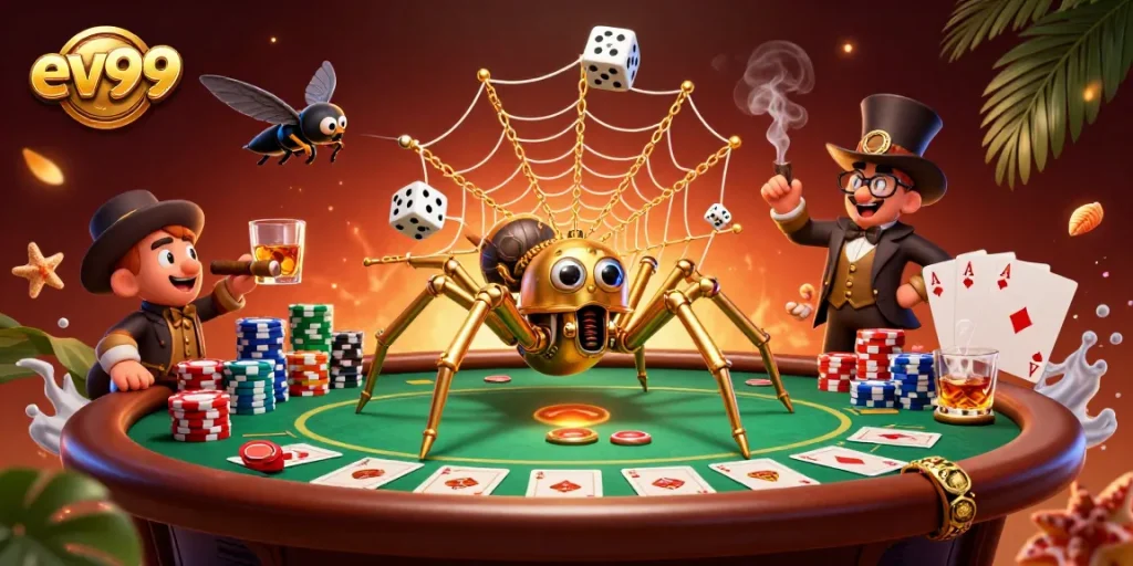 Discover thrilling action at ev99 casino with a golden spider and dice in a vibrant poker scene.