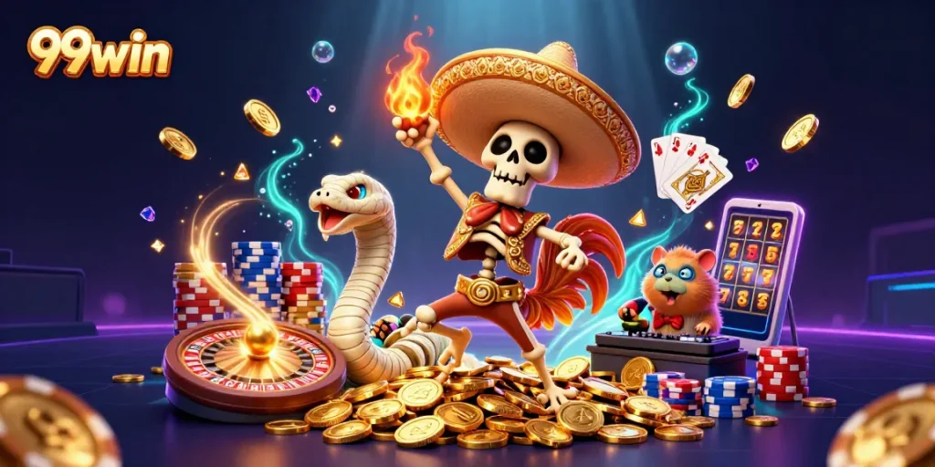 Engage with 99win's thrilling casino adventure featuring lively cartoon characters and dynamic game elements.