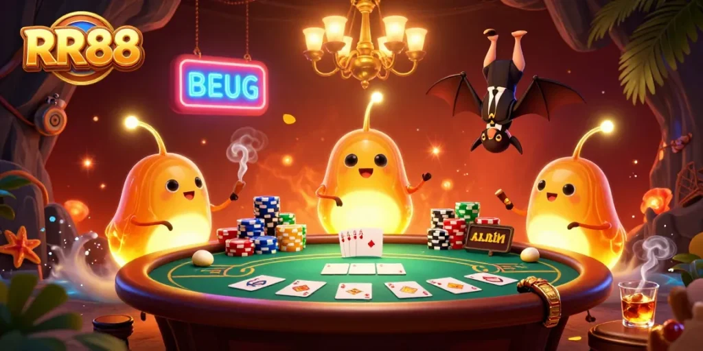 RR88 illuminates the cave casino with dazzling glowworms amidst vibrant poker action.