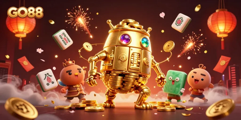 Engage with GO88’s vibrant gaming universe featuring a golden golem and dynamic casino elements.
