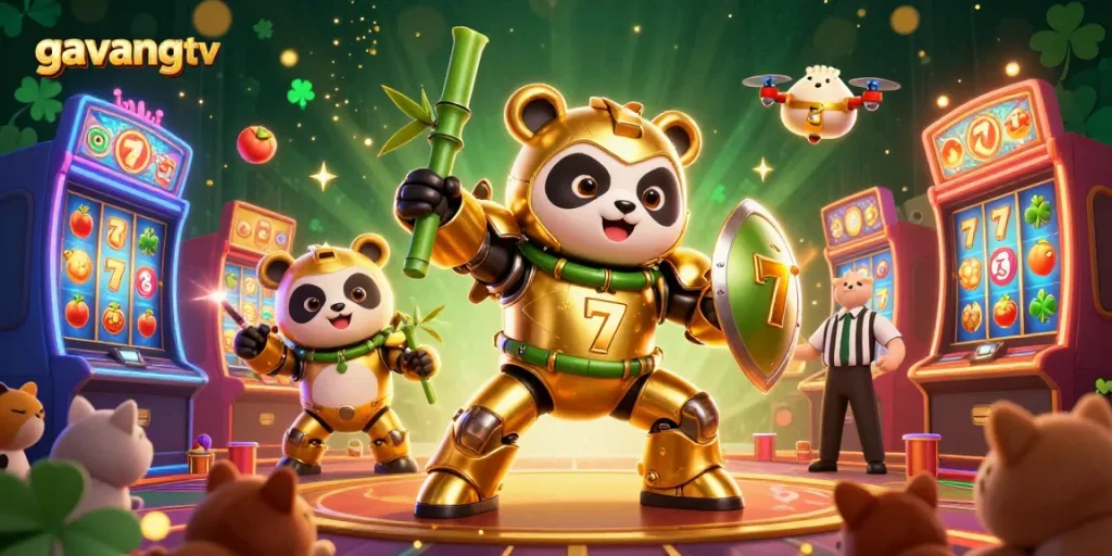 Experience thrilling gameplay with gavangtv's golden panda in a vibrant casino scene.