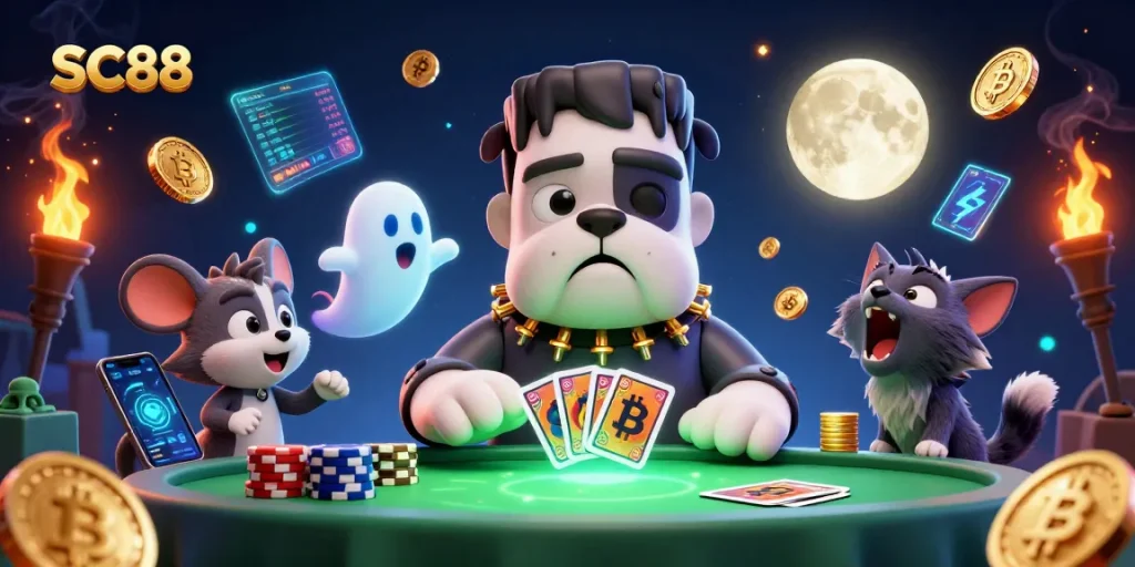 SC88-themed casino scene showing a Frankenstein bulldog dealing cards with ghost mouse and werewolf kitten.