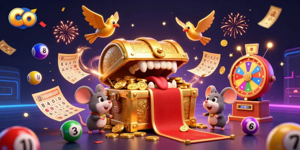 Engaging 3D casino scene with co-themed treasure chest attracting mice amid dynamic lottery elements and celebratory effects.