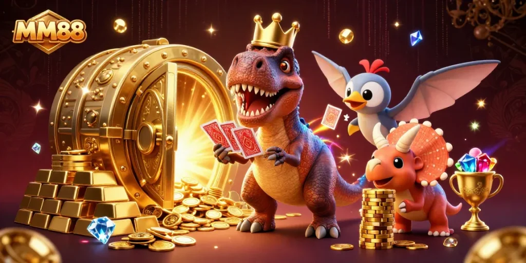 MM88 showcases a playful casino scene with a T-Rex, pterodactyl, and triceratops amidst gold treasures.