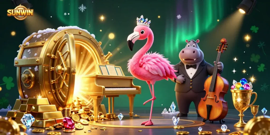 Experience exhilarating action at SUNWIN with a lively casino scene featuring vibrant characters and treasures.