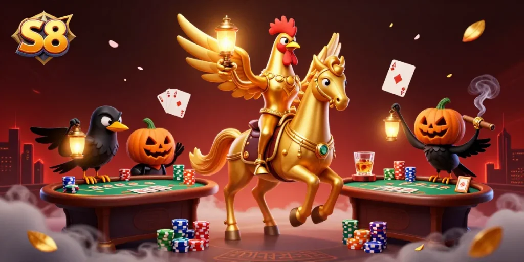 Engage with the S8 casino experience featuring a golden rooster and festive gaming elements.