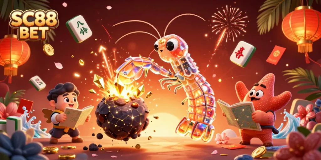Engage with SC88 BET's exciting gaming experience in a vibrant, animated 3D casino illustration.
