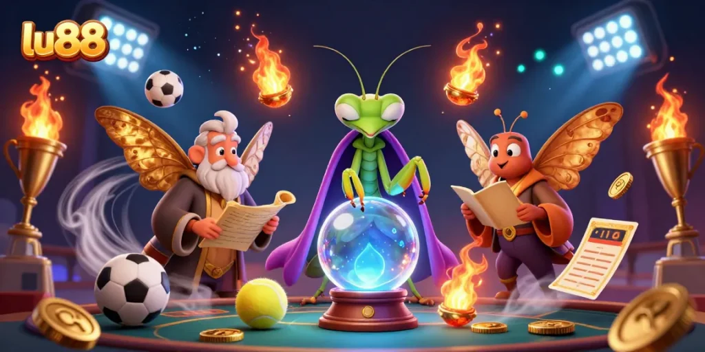 Experience thrilling betting action with lu88 in a vibrant casino illustration of fortune tellers and sports elements.