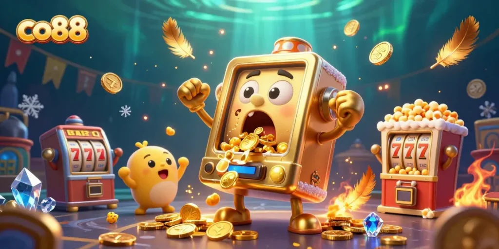 Engage with the thrilling co88 casino experience by witnessing the golden slot machine hitting a jackpot.