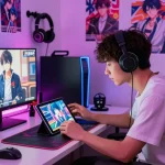 Young adult man engaged in an ecchi simulator game on a tablet, colorful gaming decorations around.