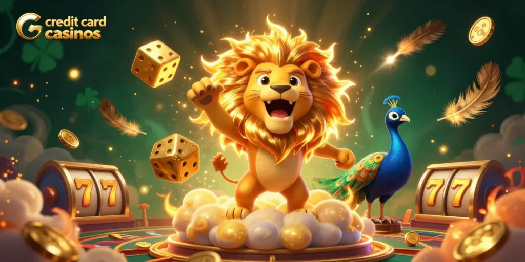 Experience the thrill of credit card casinos with winning slots and golden dice amidst a vibrant casino scene.