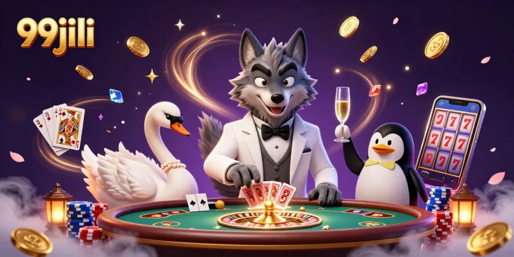 Engage with 99jili's vibrant gaming scene featuring characters at a baccarat table with sparkling treasures.