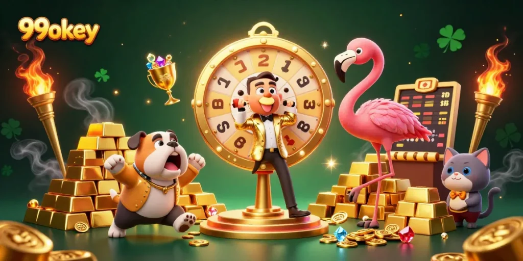 Experience the excitement of 99okey casino games with a dynamic illustration of a flamingo host and contestant!