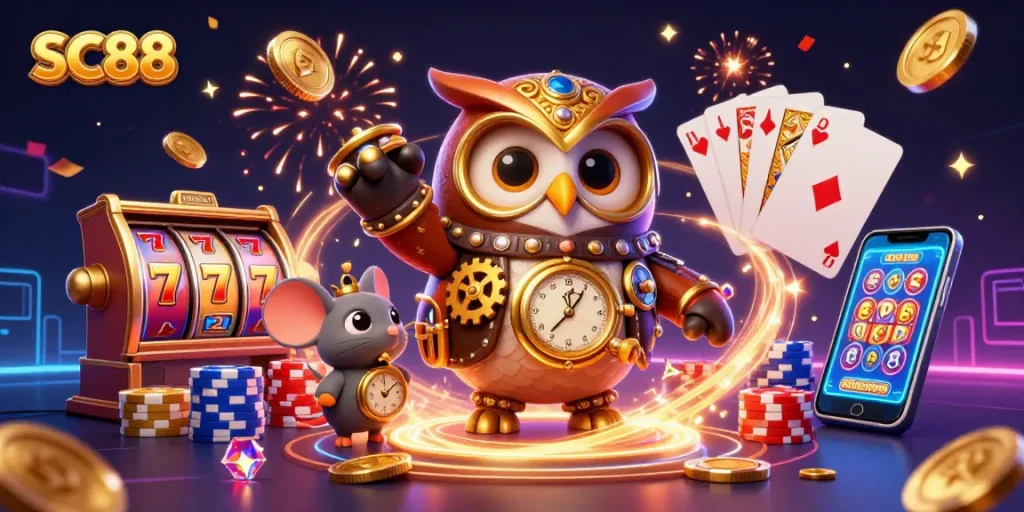 Experience thrilling slots action at SC88 with a steampunk owl and festive casino elements.