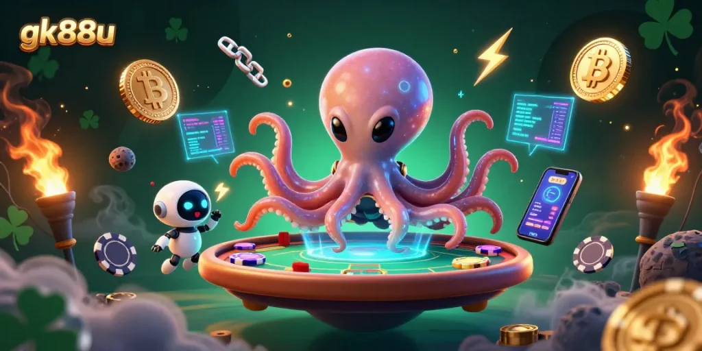 Experience the thrilling action of gk88u as a vibrant alien octopus deals poker on a holographic table amidst dynamic crypto elements.