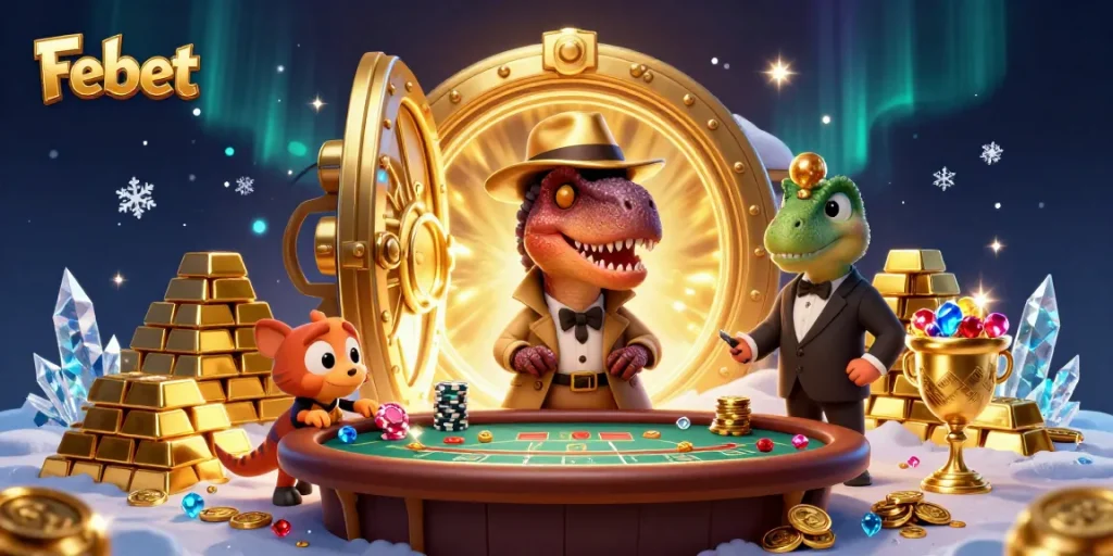 Febet engages players at a blackjack table with cartoon characters, gold, and vibrant casino elements.