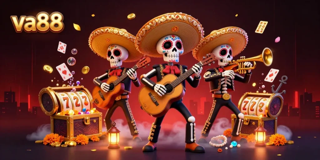 va88 engages players with a colorful casino scene featuring skeleton mariachi band, slot reels, and treasure.