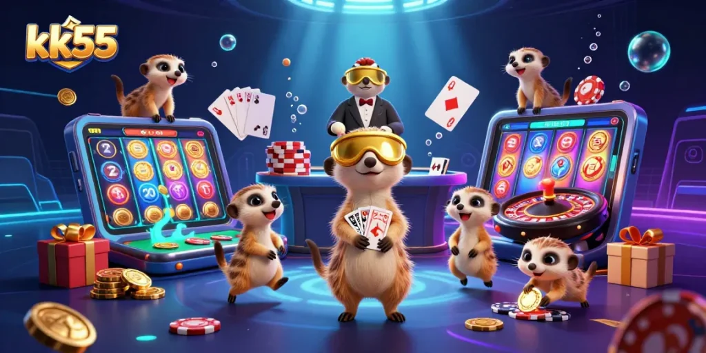 kk55 meerkats running a casino operation with dynamic gaming elements and vibrant illustrations