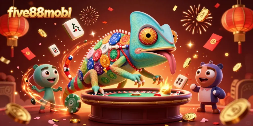 Experience the excitement of five88mobi with a vibrant casino scene featuring a dynamic chameleon casino owner.