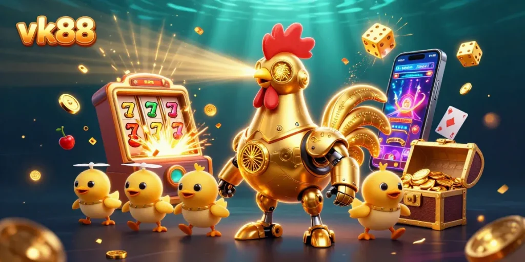 Hit the jackpot with vk88 in this thrilling 3D casino illustration featuring vibrant gaming elements.