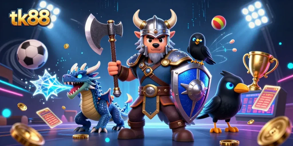 Experience excitement with tk88 at the online casino featuring a Viking warrior and ice dragon.