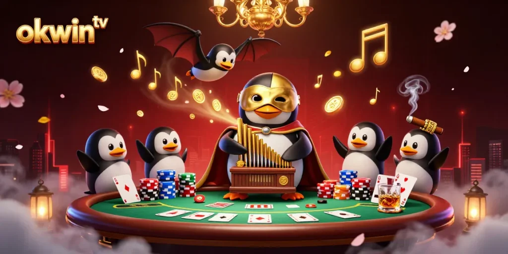 Play exciting games at okwin tv with a captivating phantom opera penguin and casino elements.