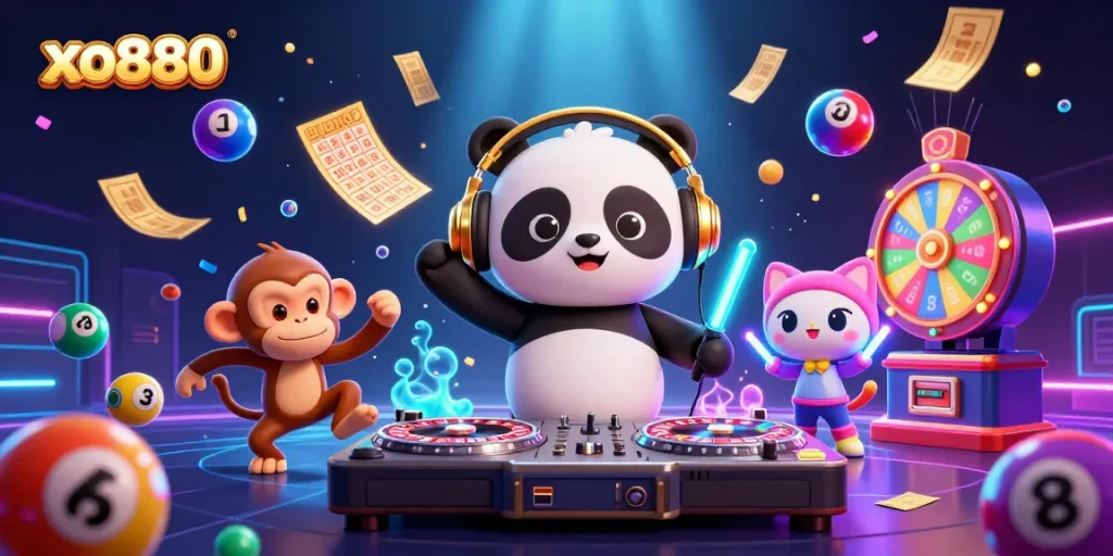Experience thrilling moments at xo880 with vibrant lottery balls and animated casino characters.