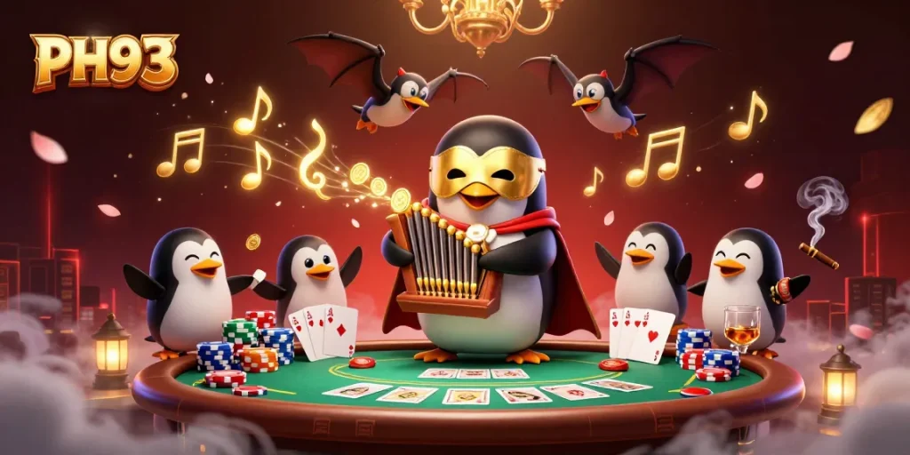 Experience the exciting world of PH33 casino with the phantom opera penguin playing an organ amidst poker action.
