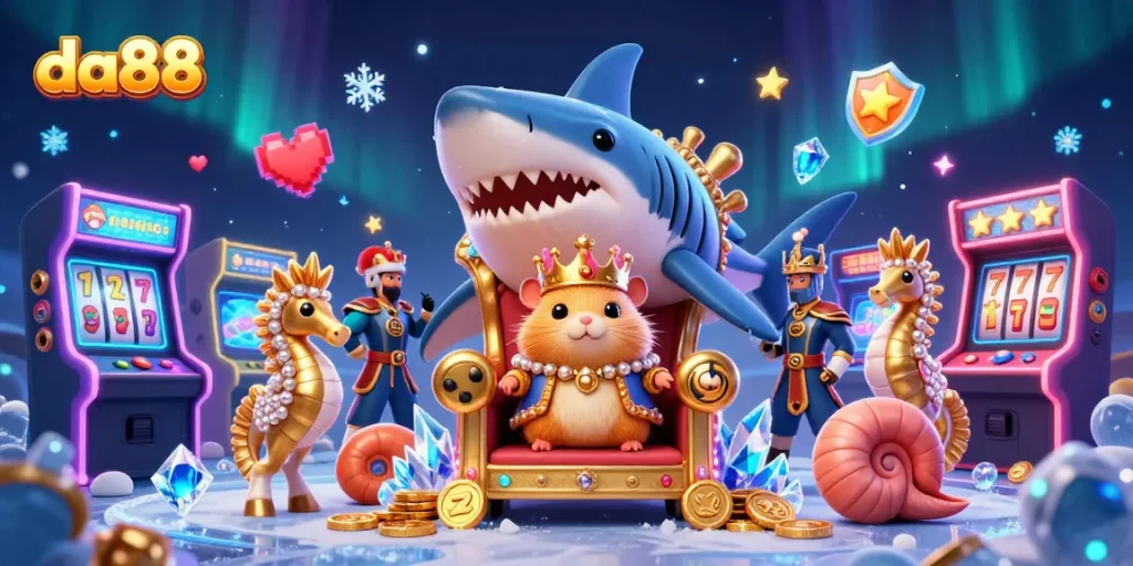 Engage in winning at da88 with the golden hamster king supported by casino-themed game elements.
