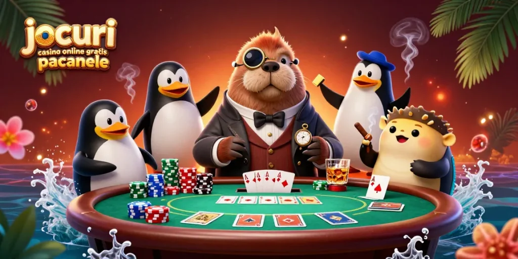 Joacă jocuri casino online gratis păcănele cu un walrus și un dealer pinguin la masă de poker.