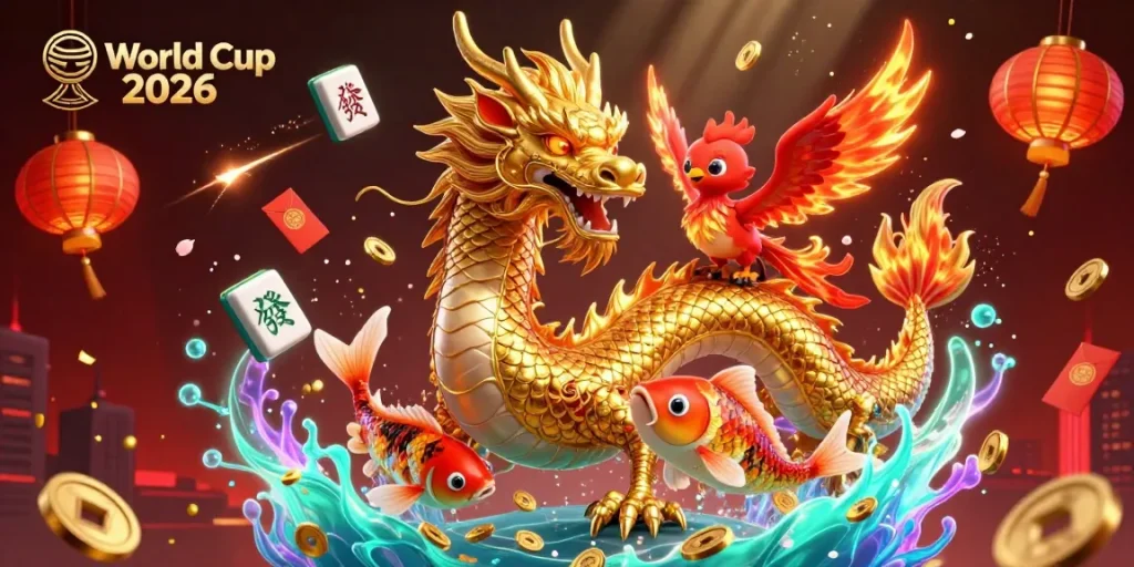 Win big at World Cup 2026 with a powerful dragon, phoenix, and koi fish amid festive gambling elements.