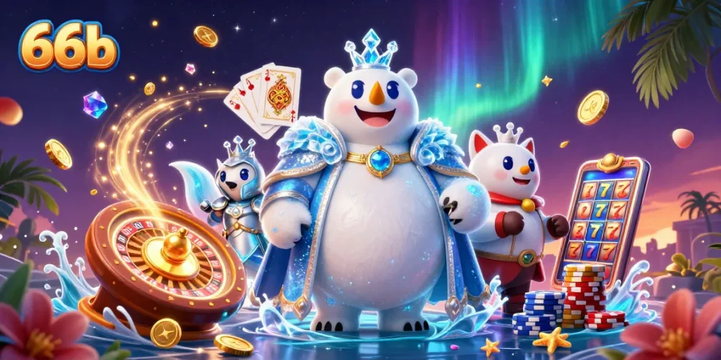 Players explore thrilling wins with 66b through vibrant casino animations and action-packed elements.