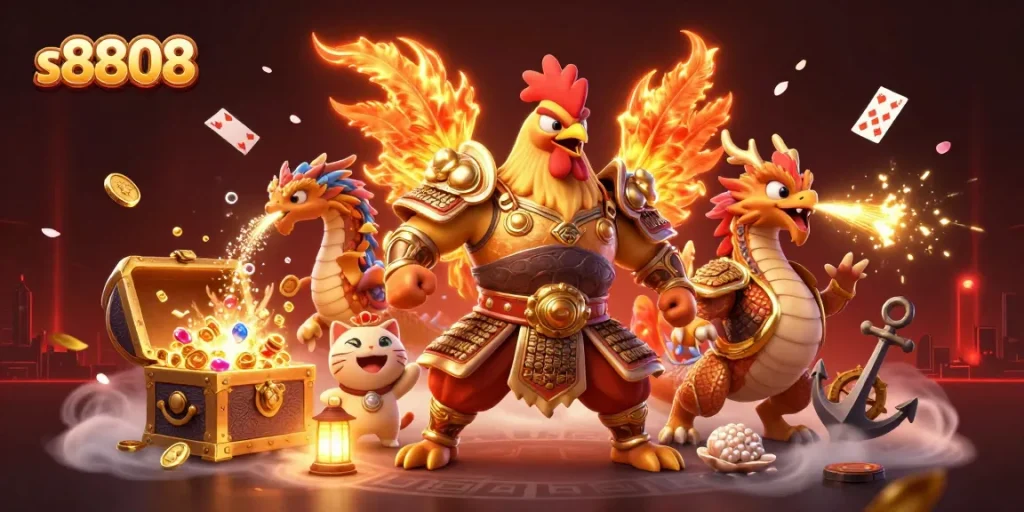 S8808 players celebrate big wins with a dynamic illustration of a fiery rooster warrior, casino riches, and mystical elements.