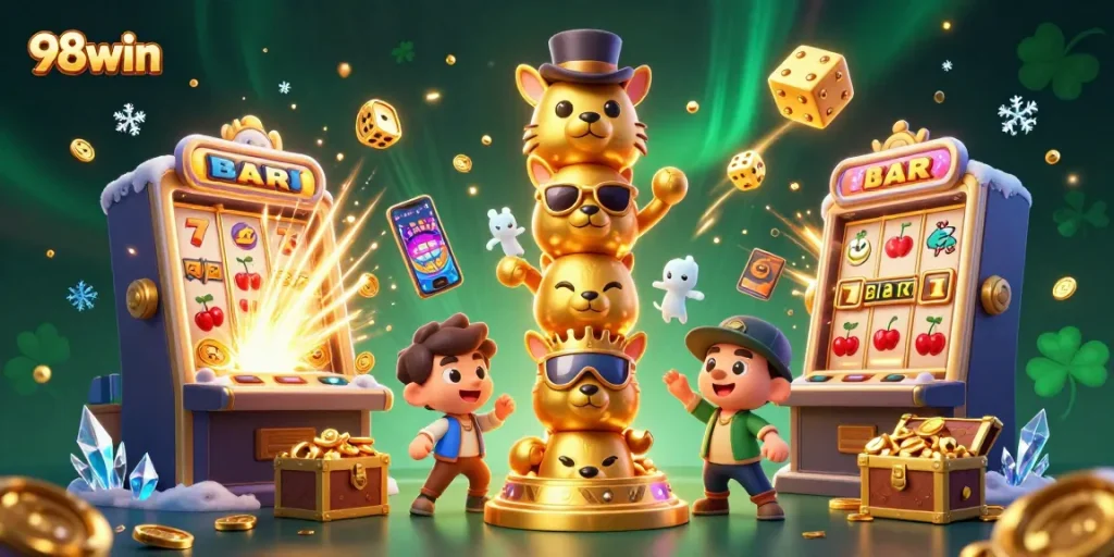Experience thrilling casino action with 98win, featuring vibrant slot machines and gold treasures.
