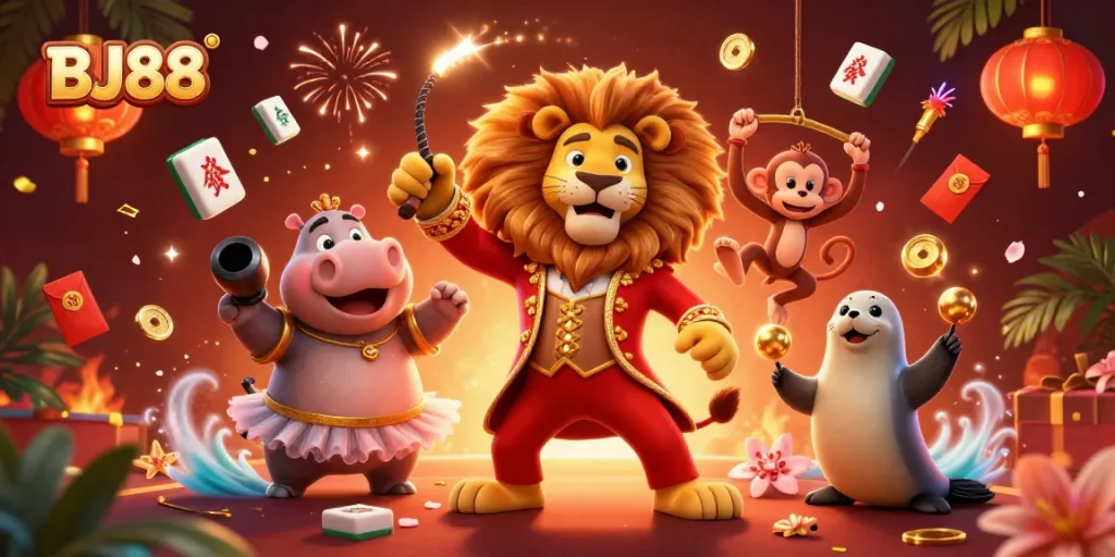 Experience the excitement of BJ88 as cartoon characters dive into thrilling betting action in an energetic casino scene.