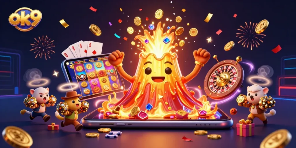 Win big at ok9 with a triumphant volcano erupting coins and treasures in this vibrant casino scene.