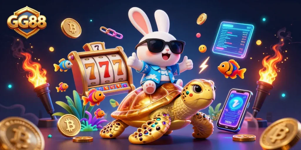 Score big on GG88 with a lucky rabbit and golden turtle in an engaging slot gaming scene.