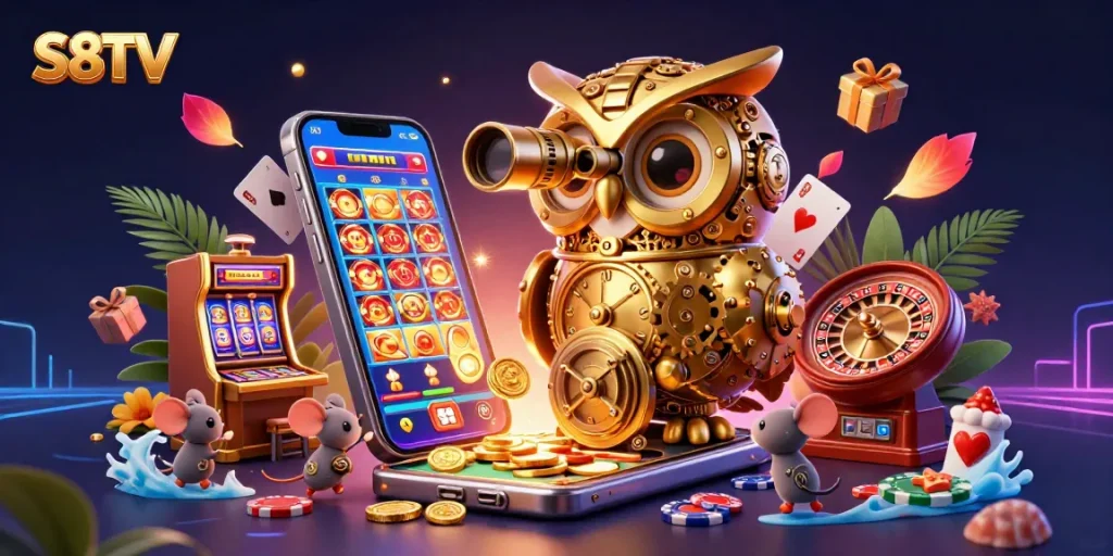 S8TV owl scans the casino floor as mice patrons play vibrant slot machines amidst golden coins.